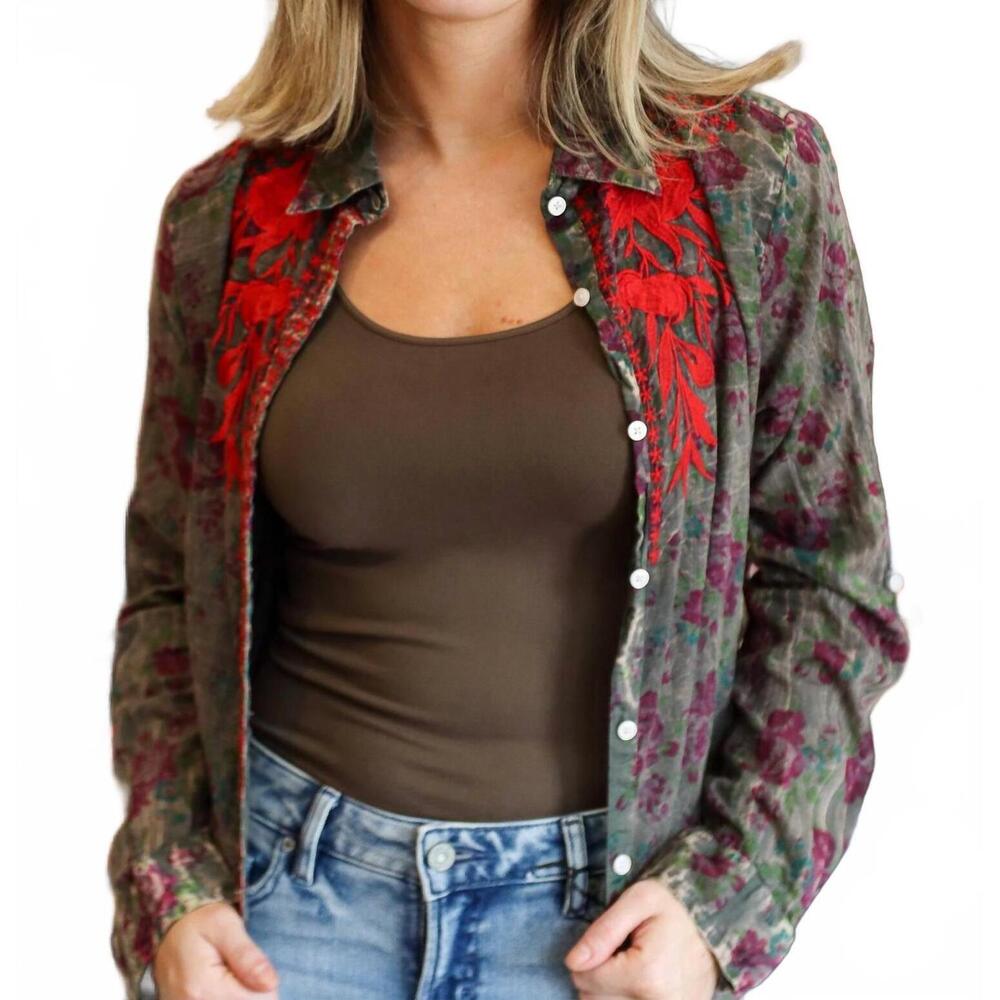 NEW THE NU VINTAGE the garden embroidered button up in grey/multi